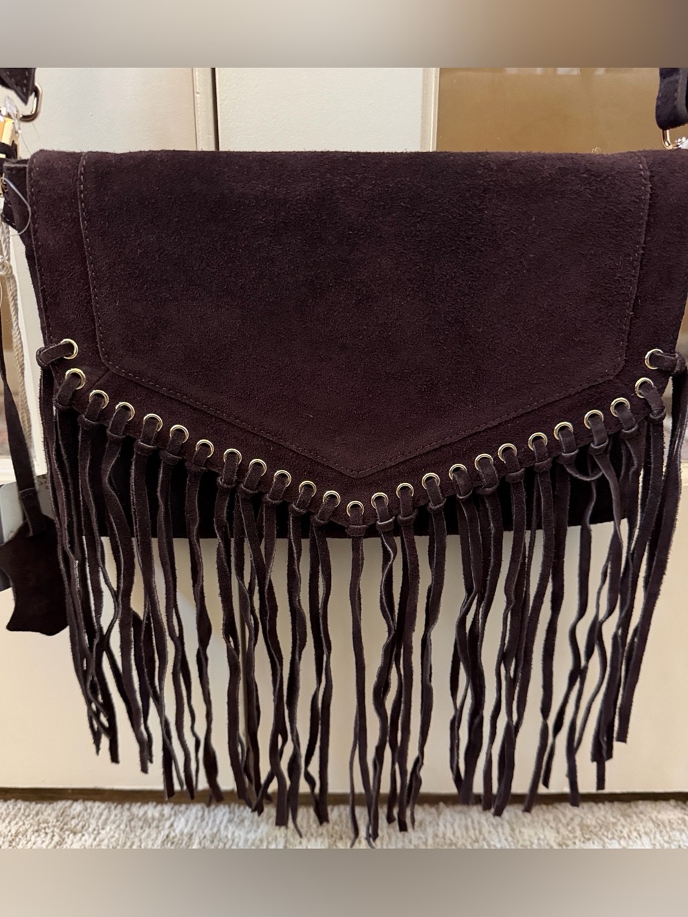 Haute Hippie Women’s Dark Brown Genuine Suede Grommet Fringe Flap Crossbody Bag - Picture 9 of 10